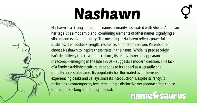 Infographic about Nashawn name meaning, Nashawn is a name from American, African origin(s).
