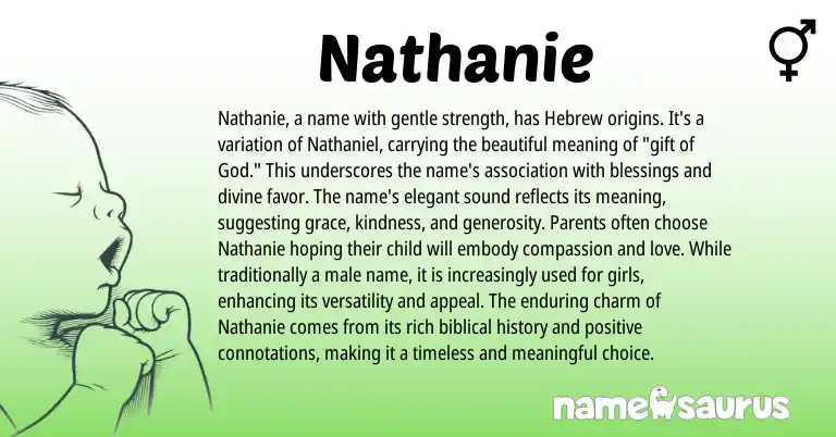 Infographic about Nathanie name meaning, Nathanie is a name from Hebrew origin(s).