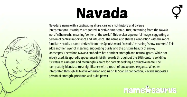 Infographic about Navada name meaning, Navada is a name from American, Navajo origin(s).