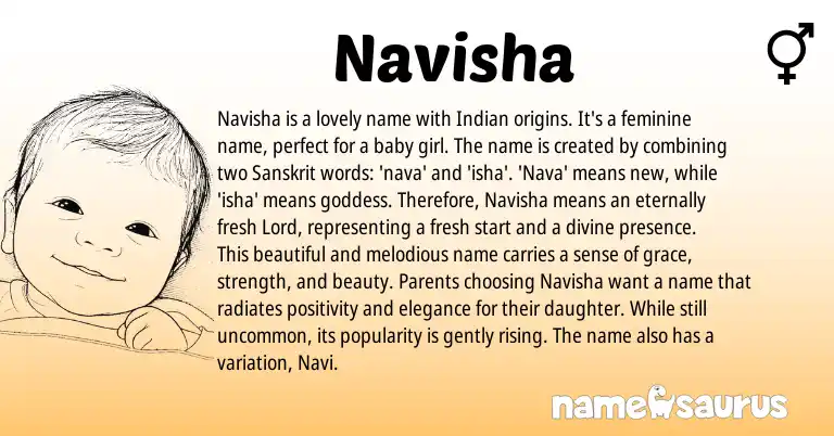 Infographic about Navisha name meaning, Navisha is a name from Hindi, Indian, Sanskrit origin(s).