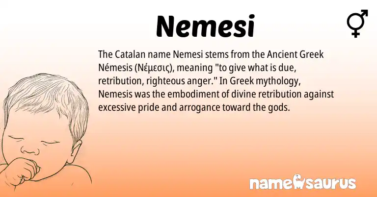 Infographic about Nemesi name meaning, Nemesi is a name from Ancient Greek, Catalan, Greek origin(s).