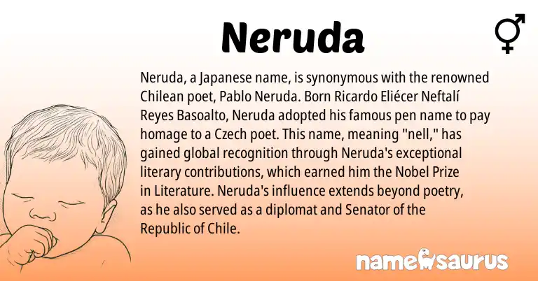 Infographic about Neruda name meaning, Neruda is a name from Literature, Czech, Japanese origin(s).