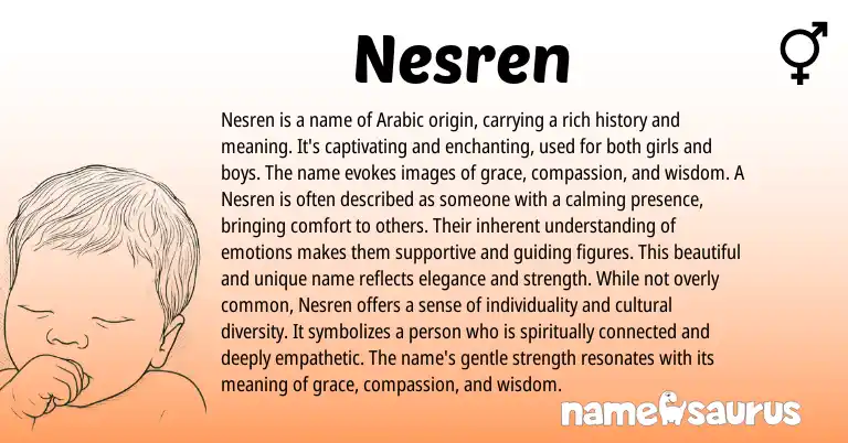 Infographic about Nesren name meaning, Nesren is a name from Arabic origin(s).