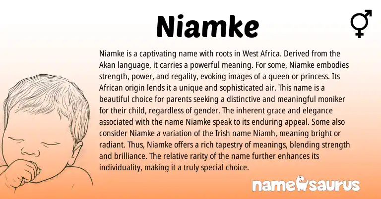 Infographic about Niamke name meaning, Niamke is a name from Akan, African, Western origin(s).