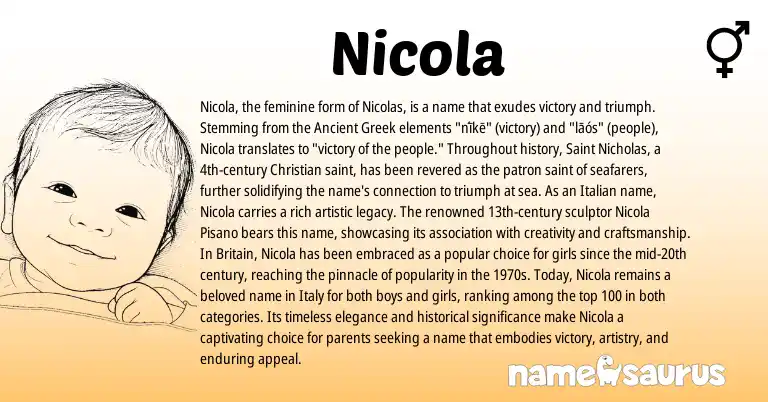 Infographic about Nicola name meaning, Nicola is a name from Ancient Greek, Italian origin(s).
