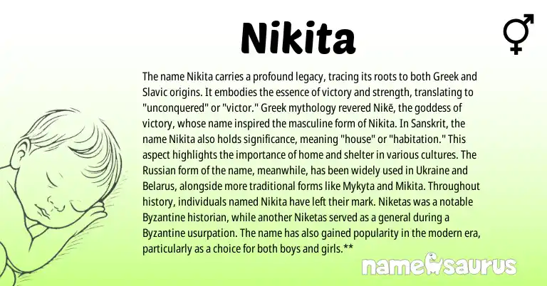 Infographic about Nikita name meaning, Nikita is a name from Ukraine, Slavic, Russian, Greek, Sanskrit origin(s).