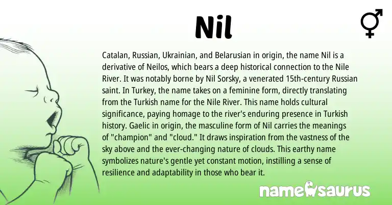 Infographic about Nil name meaning, Nil is a name from Ukrainian, Catalan, Turkish, Russian, Gaelic, Belarusian origin(s).