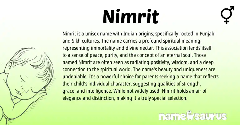 Infographic about Nimrit name meaning, Nimrit is a name from Indian, Sanskrit origin(s).