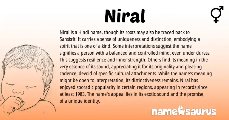 Infographic about Niral name meaning, Niral is a name from Indian, Sanskrit, Hindi origin(s).