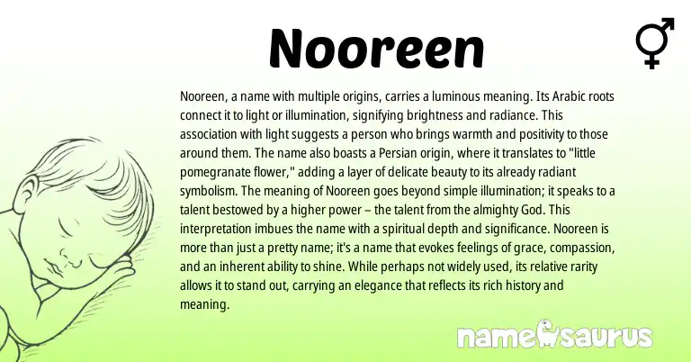 Infographic about Nooreen name meaning, Nooreen is a name from Arabic, Persian origin(s).
