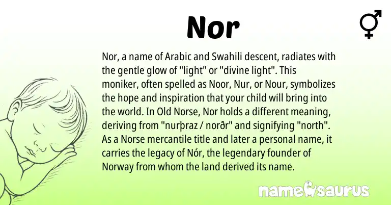 Infographic about Nor name meaning, Nor is a name from Old Norse, Arabic, Norway, Swahili, Norse origin(s).