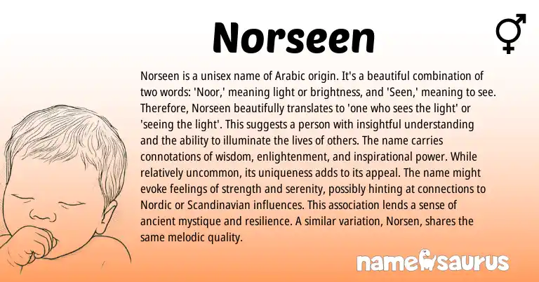 Infographic about Norseen name meaning, Norseen is a name from Persian, Arabic origin(s).