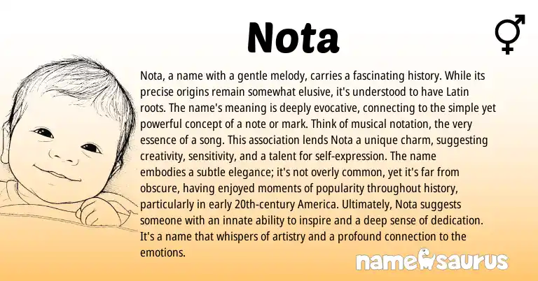 Infographic about Nota name meaning, Nota is a name from English, Latin, Persian origin(s).