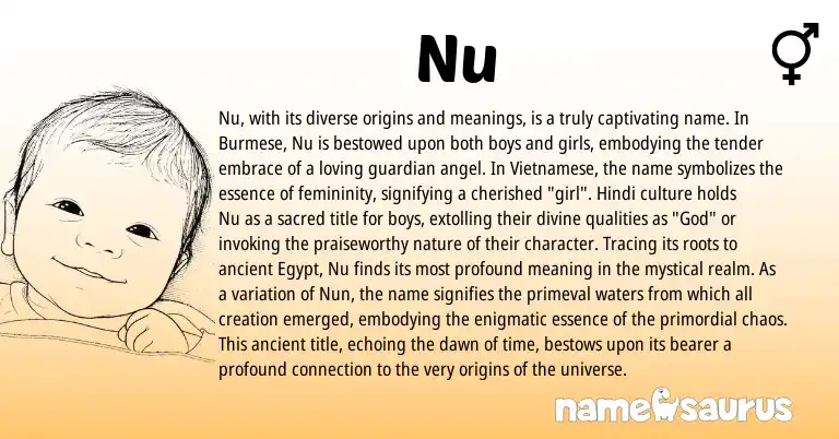 Infographic about Nu name meaning, Nu is a name from Vietnamese, Hindi, Burmese origin(s).