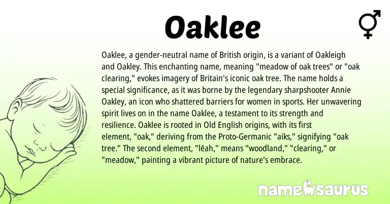 Infographic about Oaklee name meaning, Oaklee is a name from Old English, British, Germanic origin(s).