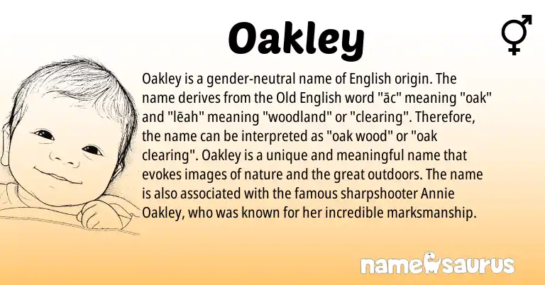 Infographic about Oakley name meaning, Oakley is a name from Old English, English origin(s).