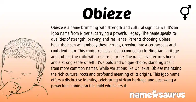 Infographic about Obieze name meaning, Obieze is a name from Igbo origin(s).