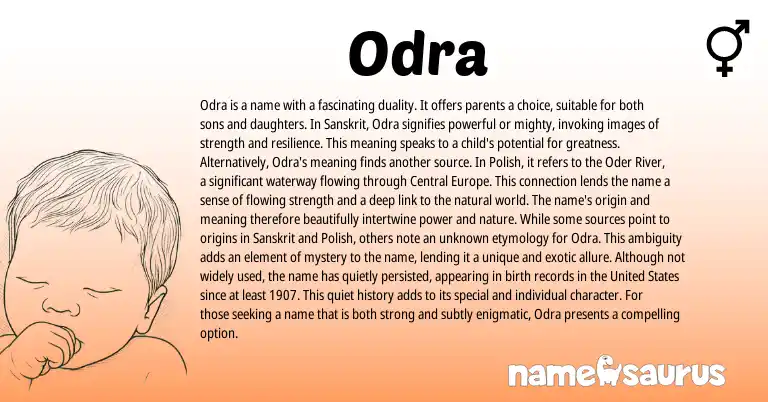 Infographic about Odra name meaning, Odra is a name from European, Polish, Sanskrit origin(s).