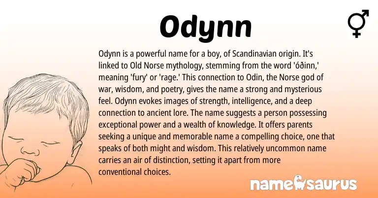 Infographic about Odynn name meaning, Odynn is a name from Scandinavian, Norse origin(s).