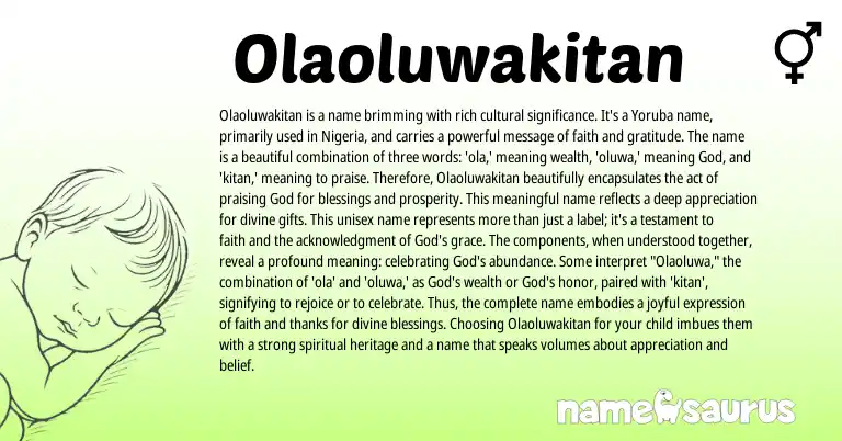 Infographic about Olaoluwakitan name meaning, Olaoluwakitan is a name from Yoruba origin(s).