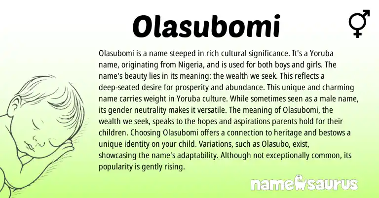 Infographic about Olasubomi name meaning, Olasubomi is a name from Yoruba, Nigerian origin(s).