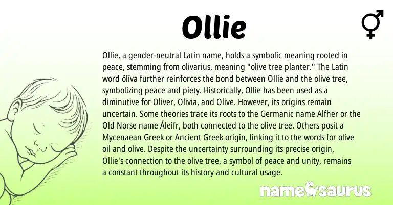 Infographic about Ollie name meaning, Ollie is a name from Old Norse, Ancient Greek, Germanic, Latin, Greek origin(s).