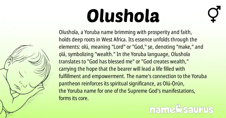 Infographic about Olushola name meaning, Olushola is a name from Yoruba, West Africa origin(s).