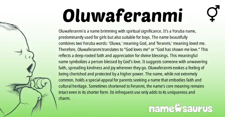 Infographic about Oluwaferanmi name meaning, Oluwaferanmi is a name from Yoruba, Nigerian origin(s).