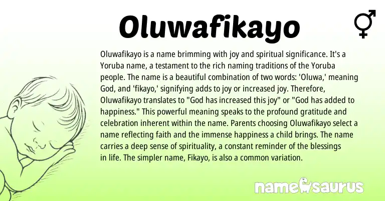 Infographic about Oluwafikayo name meaning, Oluwafikayo is a name from Yoruba origin(s).