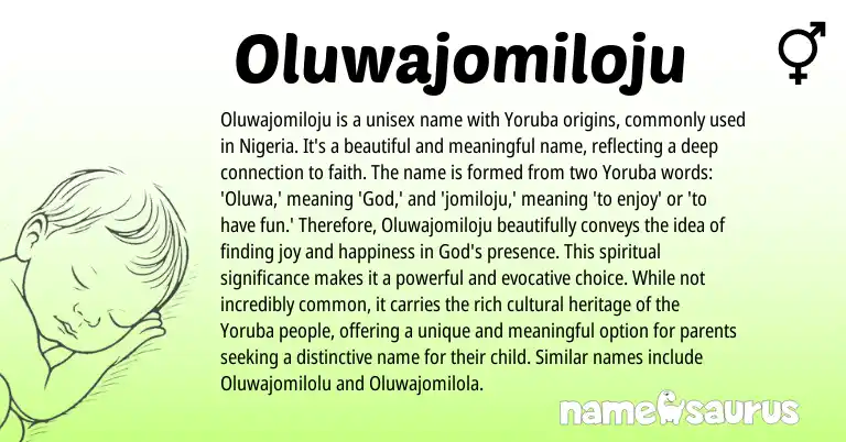 Infographic about Oluwajomiloju name meaning, Oluwajomiloju is a name from Yoruba origin(s).