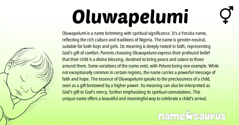 Infographic about Oluwapelumi name meaning, Oluwapelumi is a name from Yoruba, Nigerian origin(s).