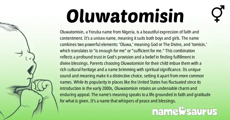 Infographic about Oluwatomisin name meaning, Oluwatomisin is a name from Yoruba origin(s).