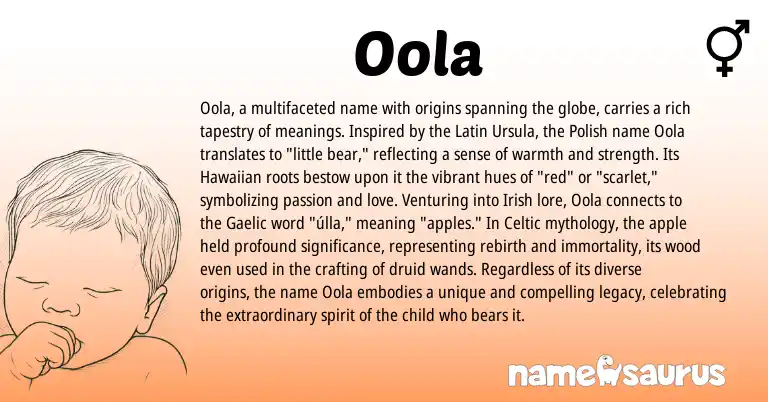 Infographic about Oola name meaning, Oola is a name from Irish, Polish, Hawaiian, Gaelic, Latin, Celtic origin(s).