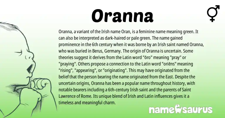 Infographic about Oranna name meaning, Oranna is a name from Irish, Latin origin(s).