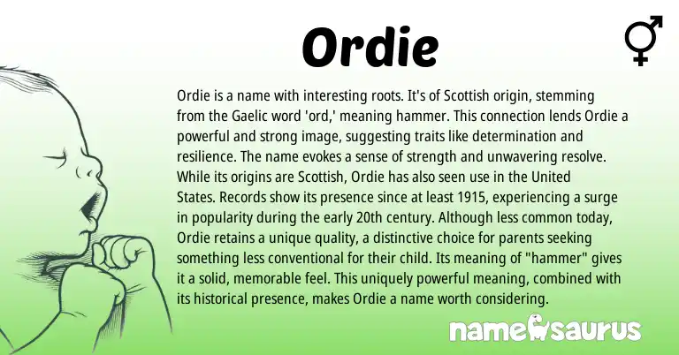 Infographic about Ordie name meaning, Ordie is a name from Scottish, Gaelic, English origin(s).