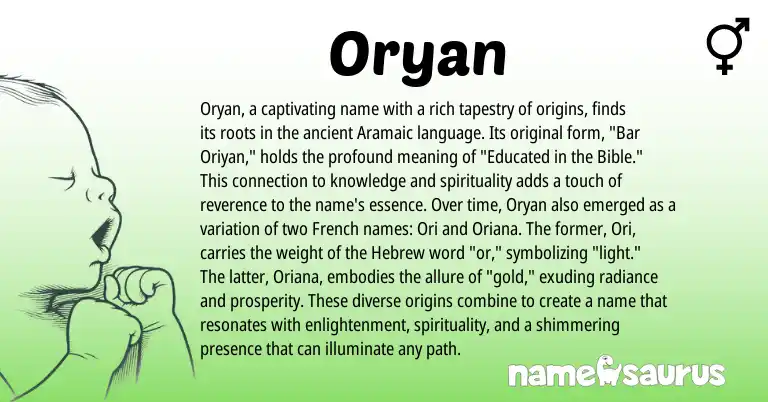 Infographic about Oryan name meaning, Oryan is a name from Aramaic, French, Hebrew origin(s).