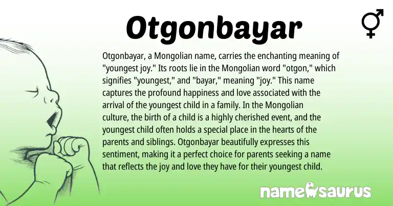 Infographic about Otgonbayar name meaning, Otgonbayar is a name from Mongolian origin(s).