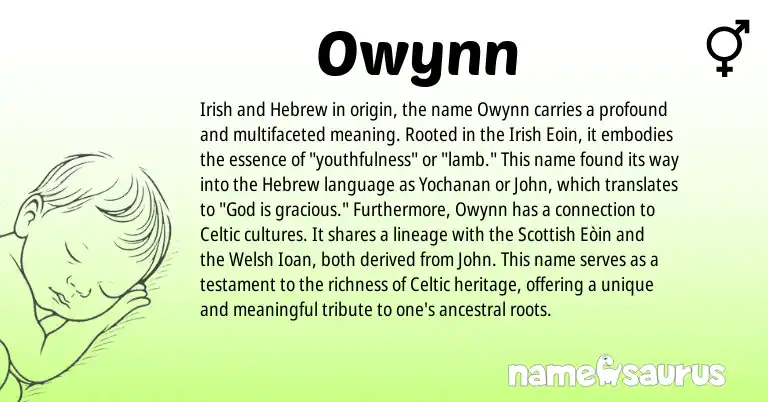 Infographic about Owynn name meaning, Owynn is a name from Irish, Welsh, Celtic, Scottish, Hebrew origin(s).