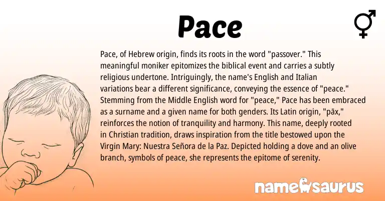 Infographic about Pace name meaning, Pace is a name from English, Latin, Middle English, Hebrew, Italian origin(s).