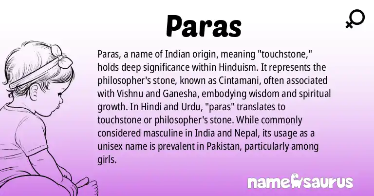 Infographic about Paras name meaning, Paras is a name from Indian, Hindi, Hinduism, Nepali origin(s).