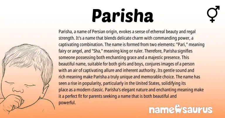 Infographic about Parisha name meaning, Parisha is a name from Persian origin(s).
