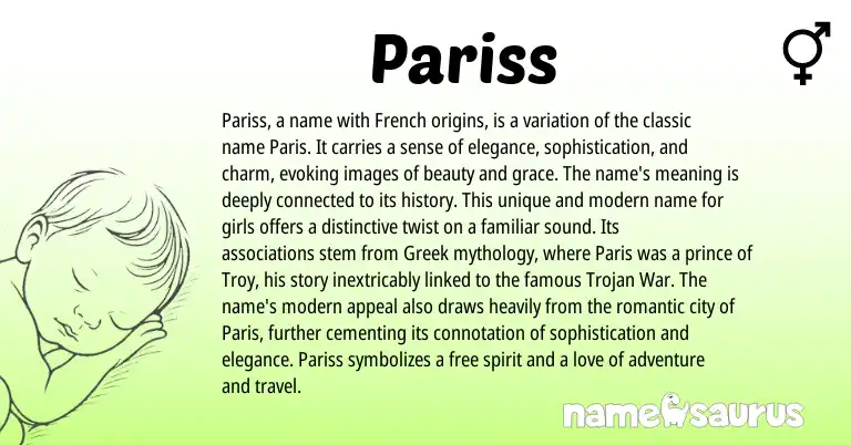 Infographic about Pariss name meaning, Pariss is a name from French, Greek origin(s).
