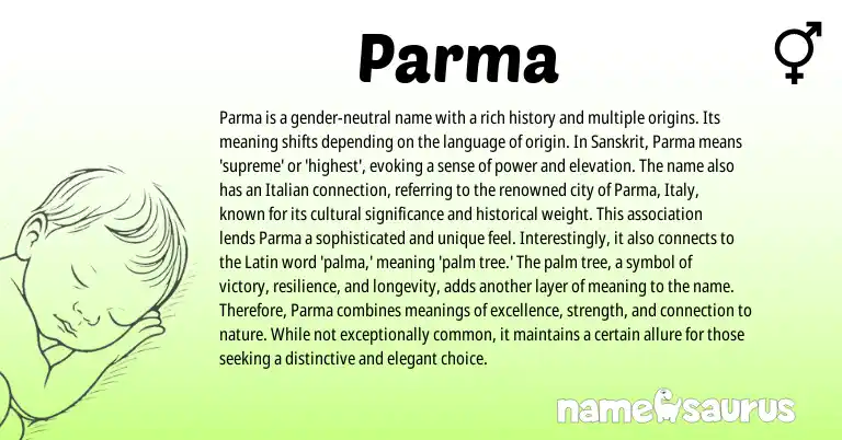Infographic about Parma name meaning, Parma is a name from Latin, Italian, Sanskrit origin(s).