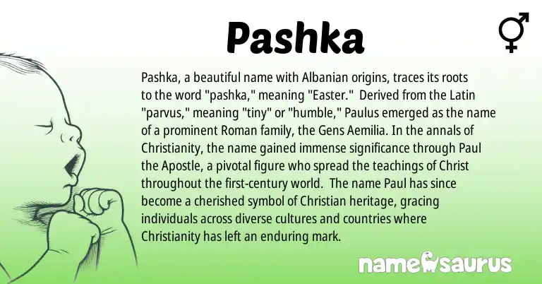 Infographic about Pashka name meaning, Pashka is a name from Roman, Christianity, Albanian, Latin origin(s).