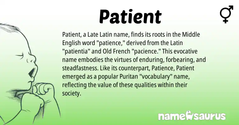 Infographic about Patient name meaning, Patient is a name from Middle English, Late Latin, Latin, Old French origin(s).