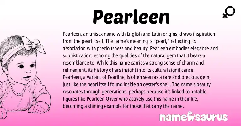 Infographic about Pearleen name meaning, Pearleen is a name from English, Latin origin(s).