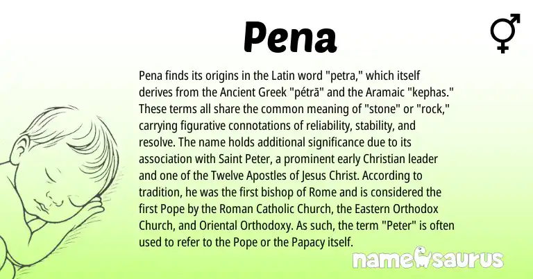 Infographic about Pena name meaning, Pena is a name from Aramaic, Ancient Greek, Roman, Latin origin(s).
