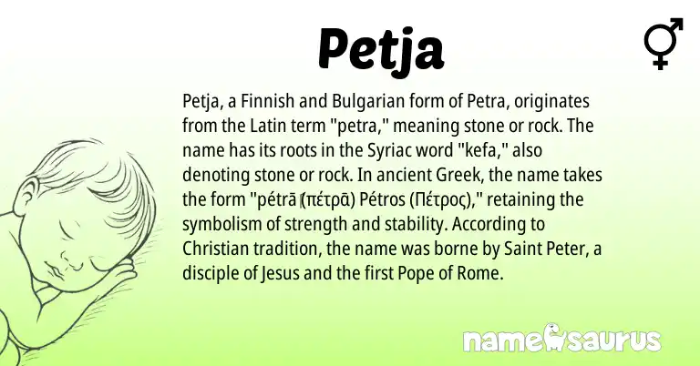 Infographic about Petja name meaning, Petja is a name from Bulgarian, Finnish, Latin, Greek origin(s).