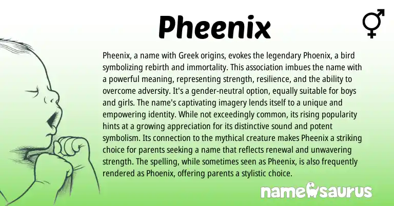 Infographic about Pheenix name meaning, Pheenix is a name from Greek origin(s).