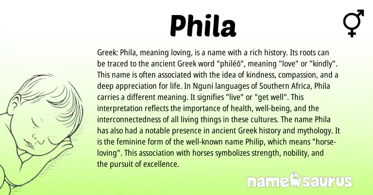 Infographic about Phila name meaning, Phila is a name from Nguni, Greek origin(s).